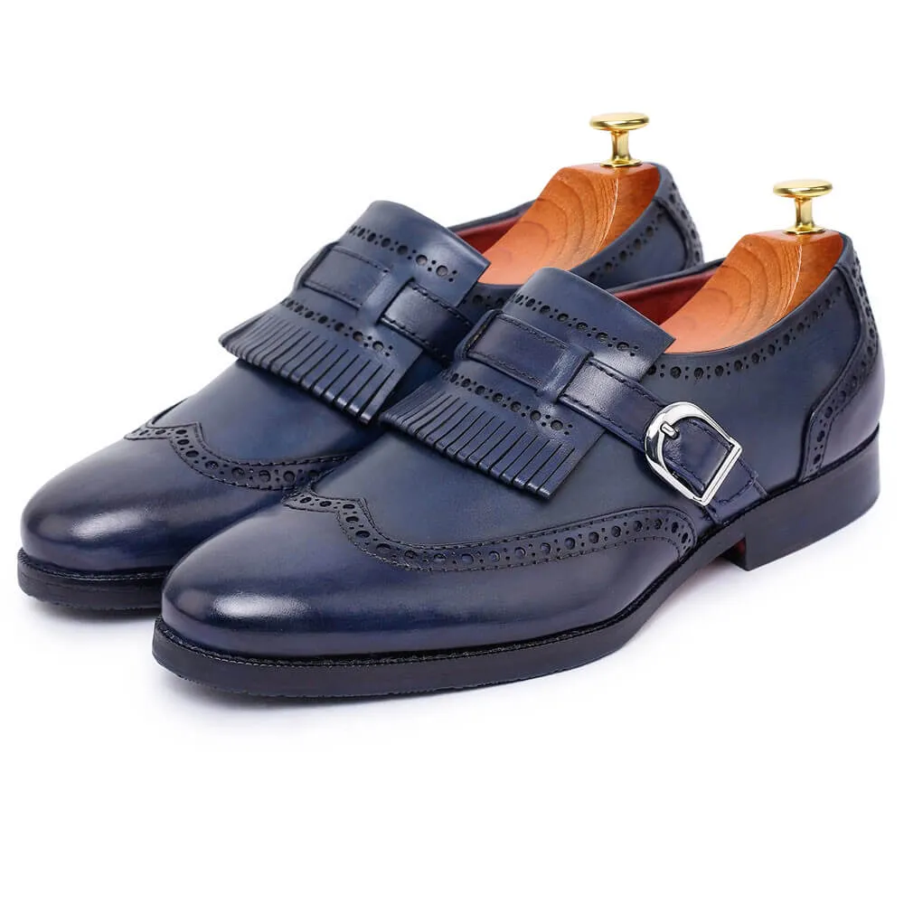 7 CM / 2.76 Inches Taller - CMR CHAMARIPA Business Elevator Shoes For Men - Wingtip Brogue Kiltie Monk Strap - Navy