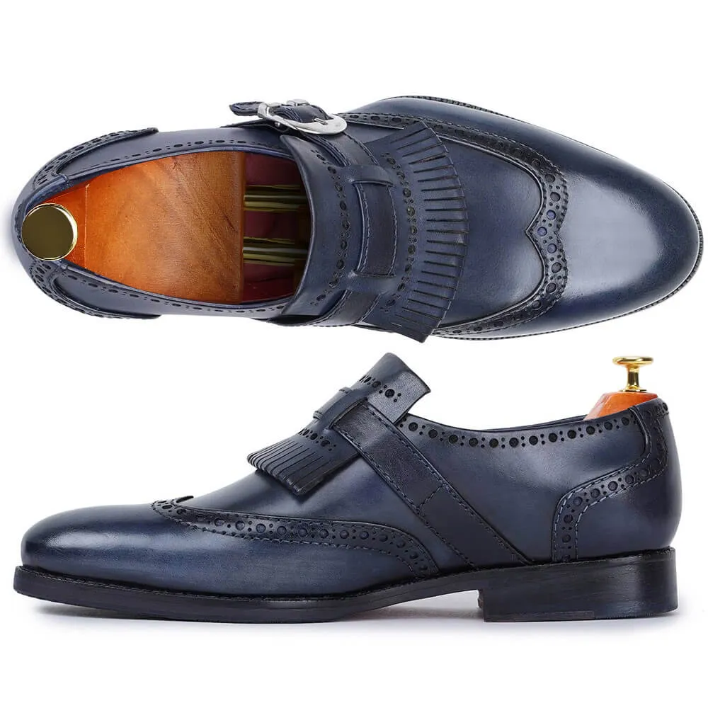 7 CM / 2.76 Inches Taller - CMR CHAMARIPA Business Elevator Shoes For Men - Wingtip Brogue Kiltie Monk Strap - Navy