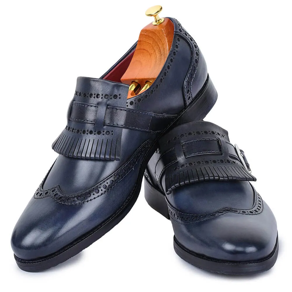 7 CM / 2.76 Inches Taller - CMR CHAMARIPA Business Elevator Shoes For Men - Wingtip Brogue Kiltie Monk Strap - Navy