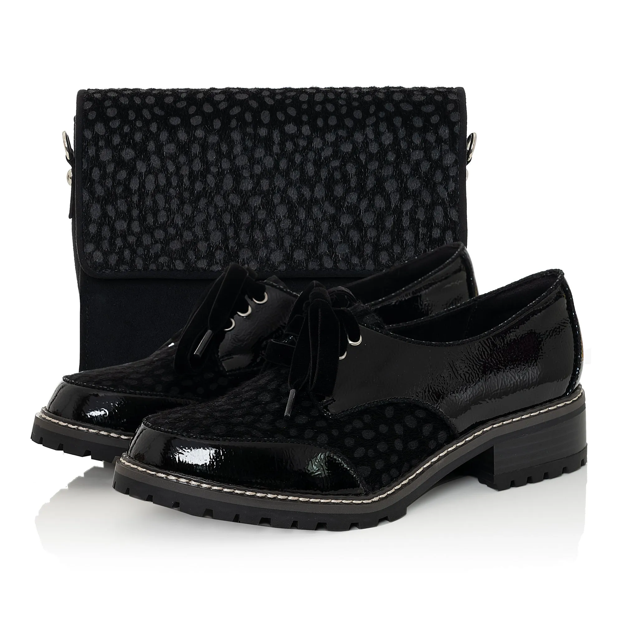 Aubrey Lace Up Chunky Flat Shoes Black Apaloosa & Matching Adelaide Bag by Ruby Shoo