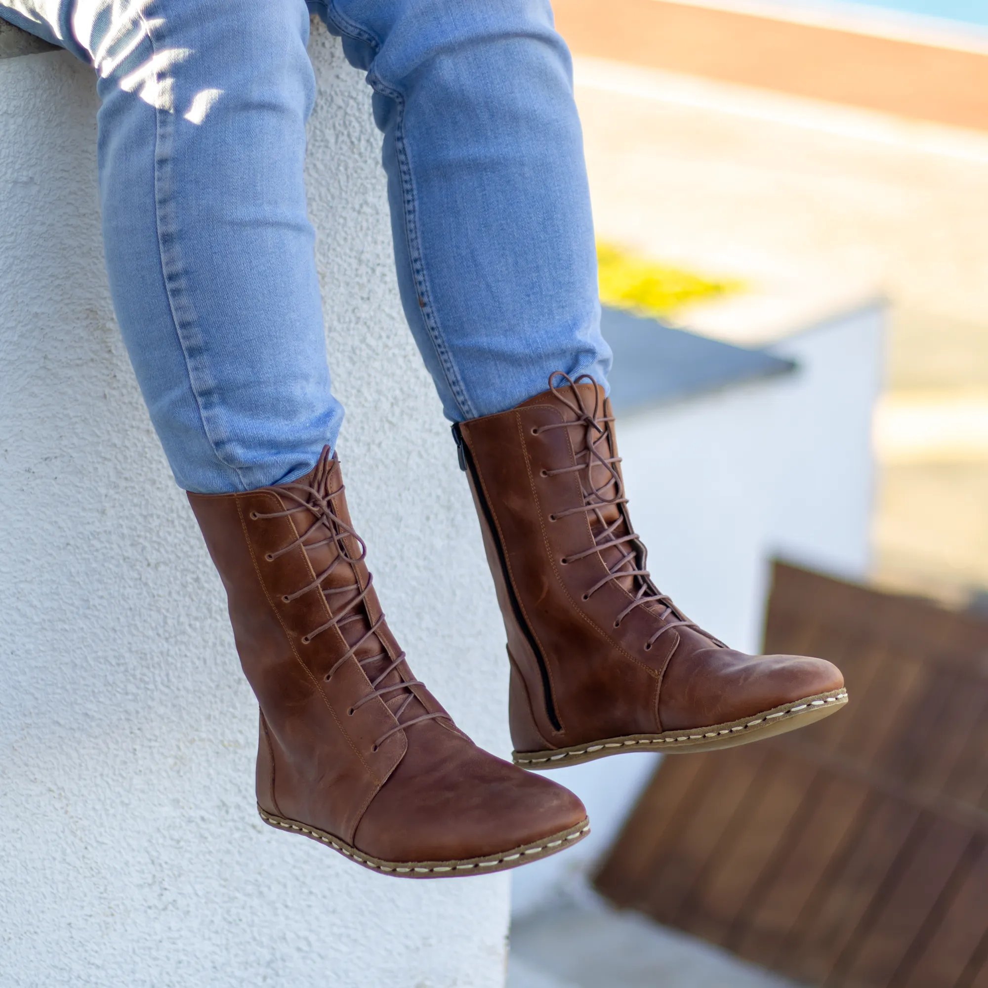 Barefoot Leather Lace-up Crazy New Brown Boots for Men