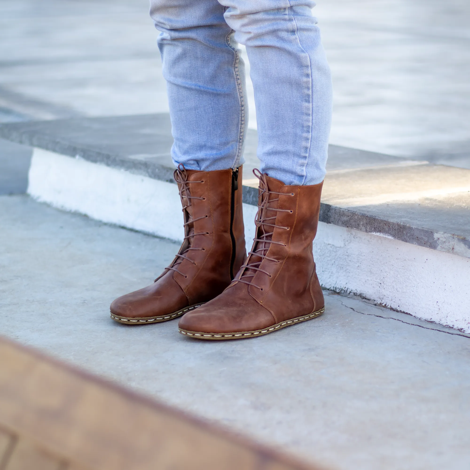 Barefoot Leather Lace-up Crazy New Brown Boots for Men