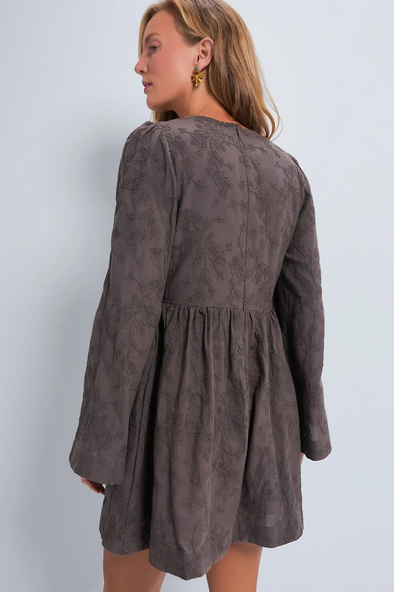 Brown Textured Becca Bell-Sleeved Mini Dress