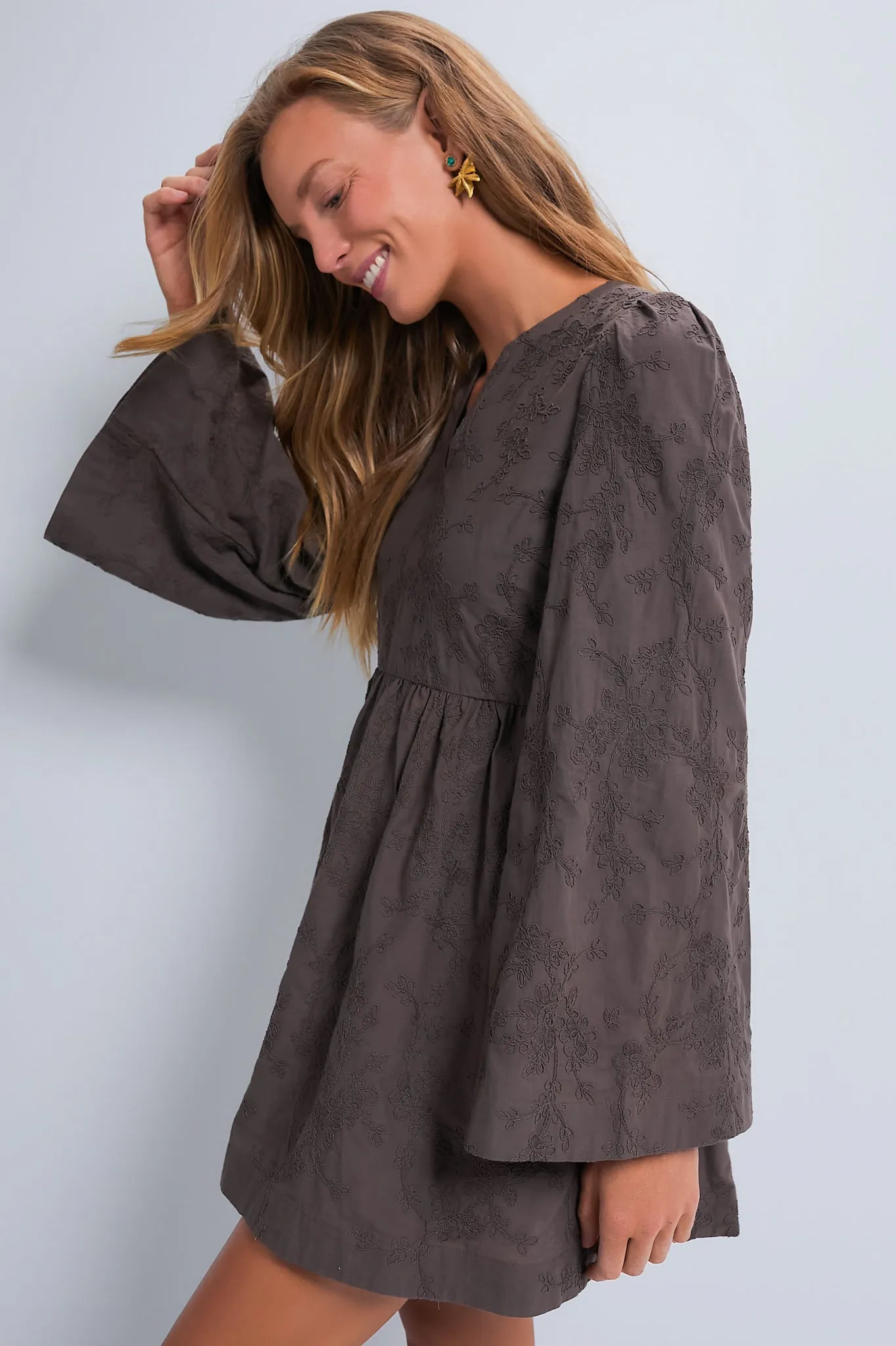 Brown Textured Becca Bell-Sleeved Mini Dress