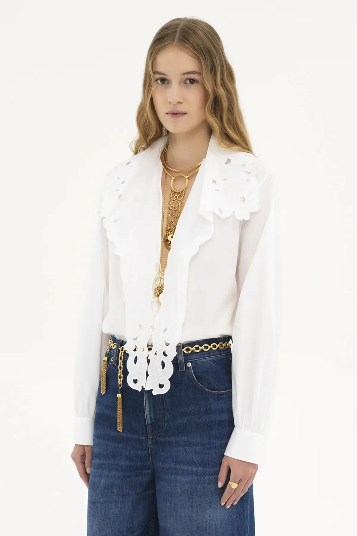 Chlo Embroidered Lavallire Shirt - White