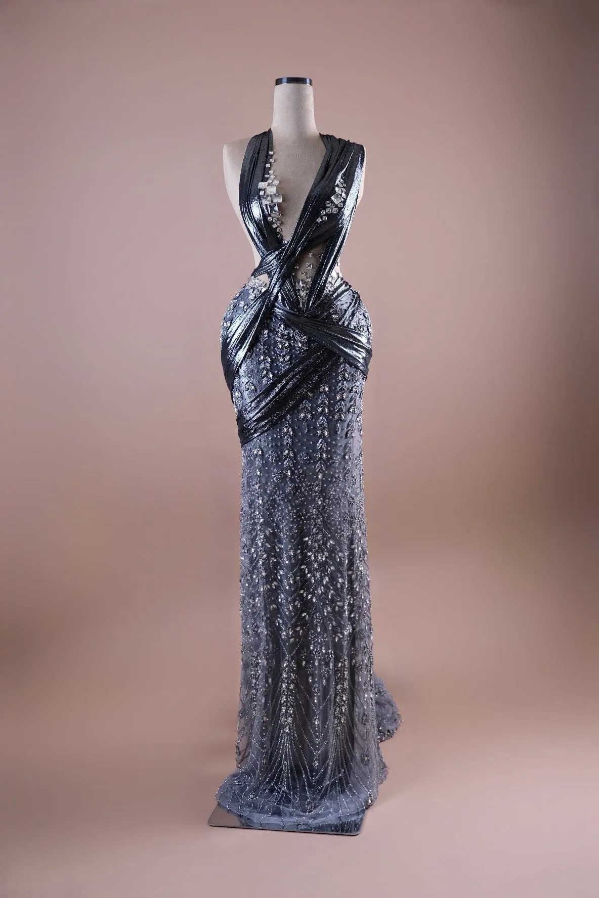 Grey Metallic Crystal Wrapped Gown
