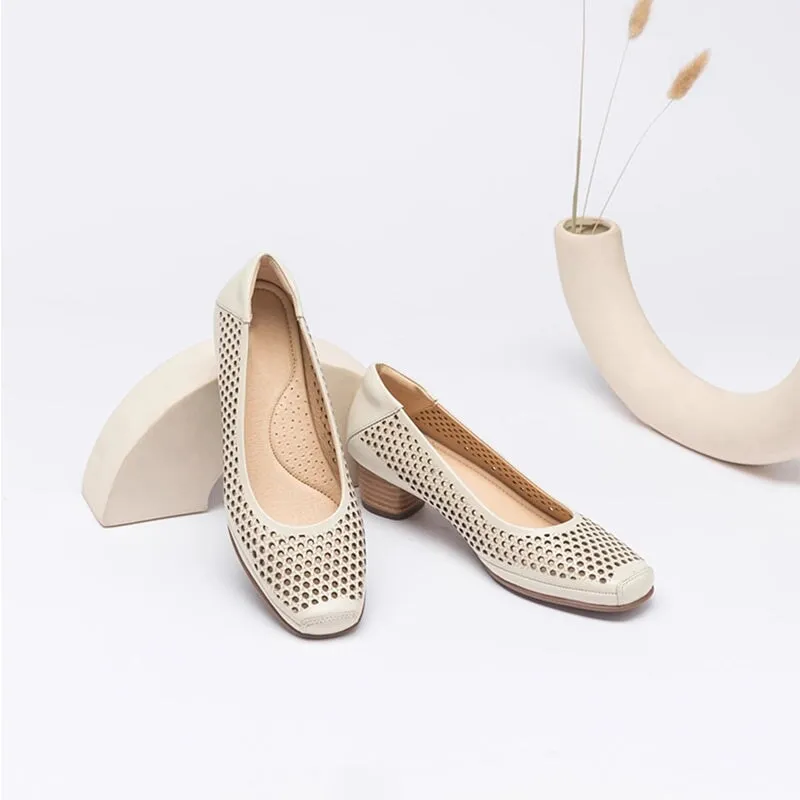 Handmade Leather Square Toe Pumps 4cm Block Heel In Beige/Green/Red Fashion Style