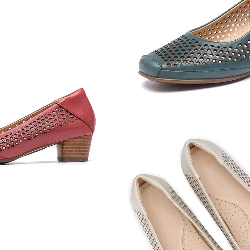 Handmade Leather Square Toe Pumps 4cm Block Heel In Beige/Green/Red Fashion Style