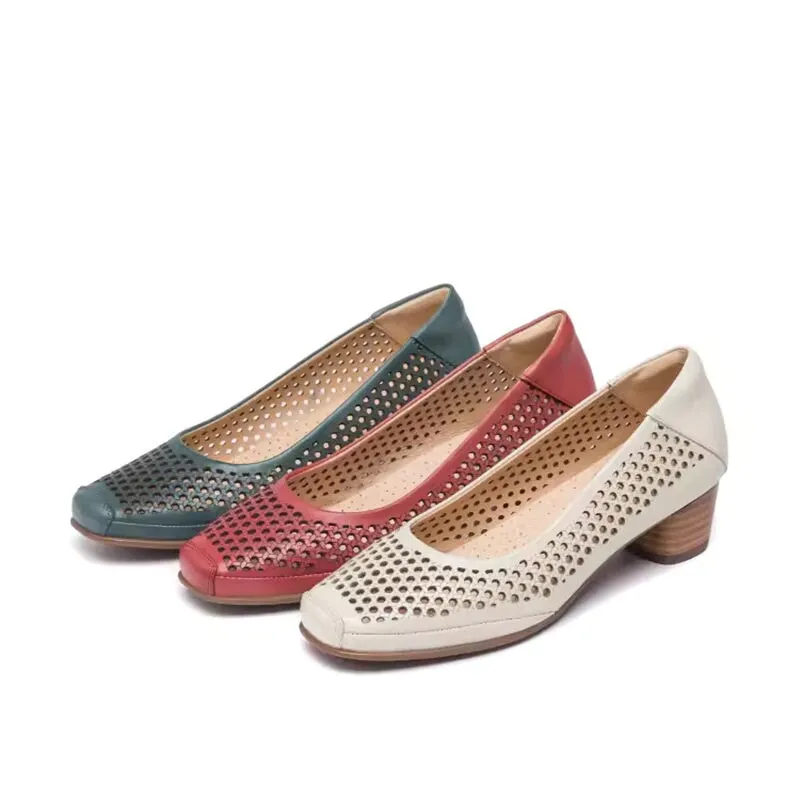 Handmade Leather Square Toe Pumps 4cm Block Heel In Beige/Green/Red Fashion Style