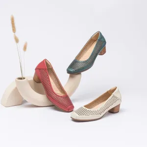 Handmade Leather Square Toe Pumps 4cm Block Heel In Beige/Green/Red Fashion Style