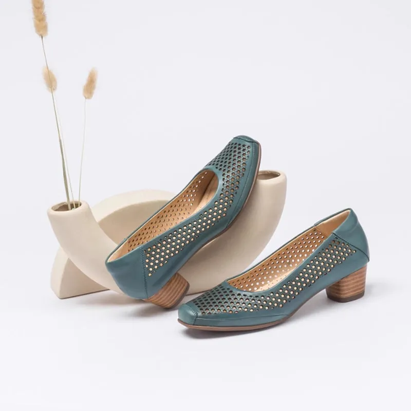 Handmade Leather Square Toe Pumps 4cm Block Heel In Beige/Green/Red Fashion Style