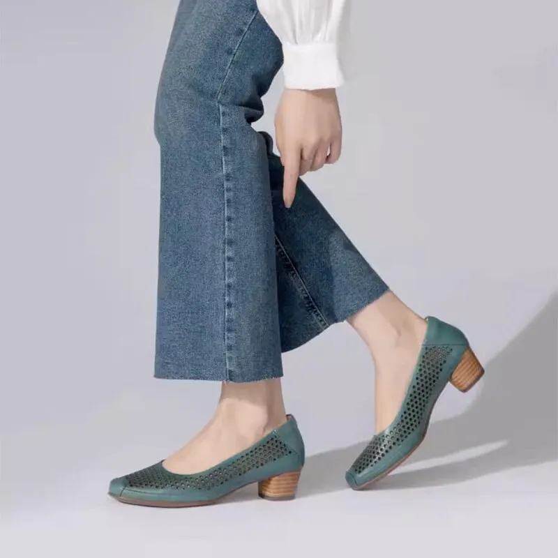 Handmade Leather Square Toe Pumps 4cm Block Heel In Beige/Green/Red Fashion Style