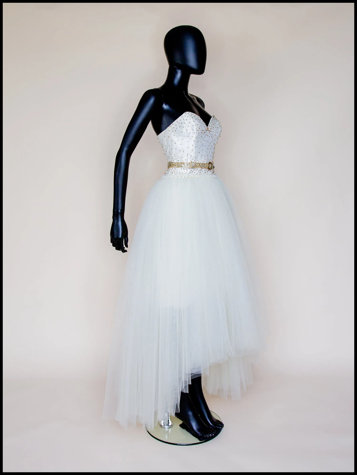 Julia - Ivory Gold Tulle Beaded Gown - S  (sample)