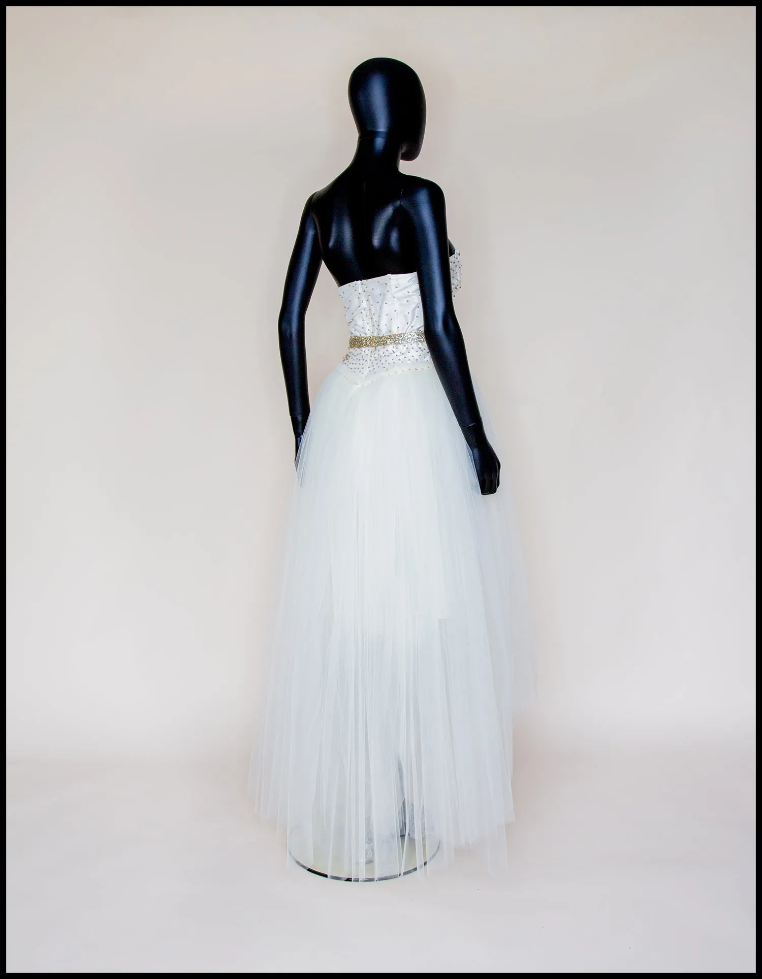 Julia - Ivory Gold Tulle Beaded Gown - S  (sample)