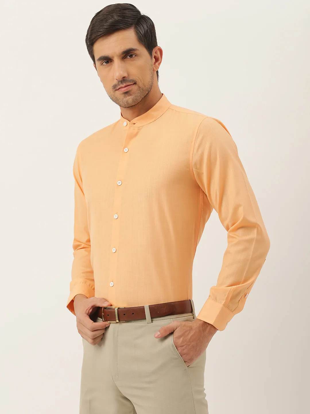 Mens Cotton Linen Orange Chinese Collar Shirt - Sojanya
