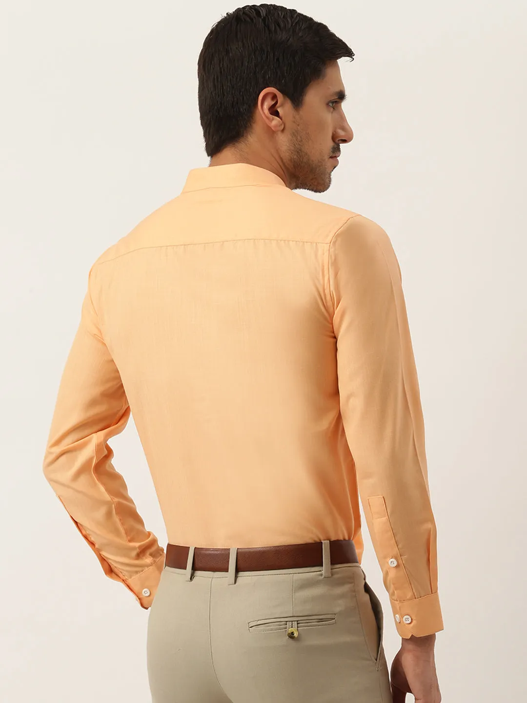 Mens Cotton Linen Orange Chinese Collar Shirt - Sojanya