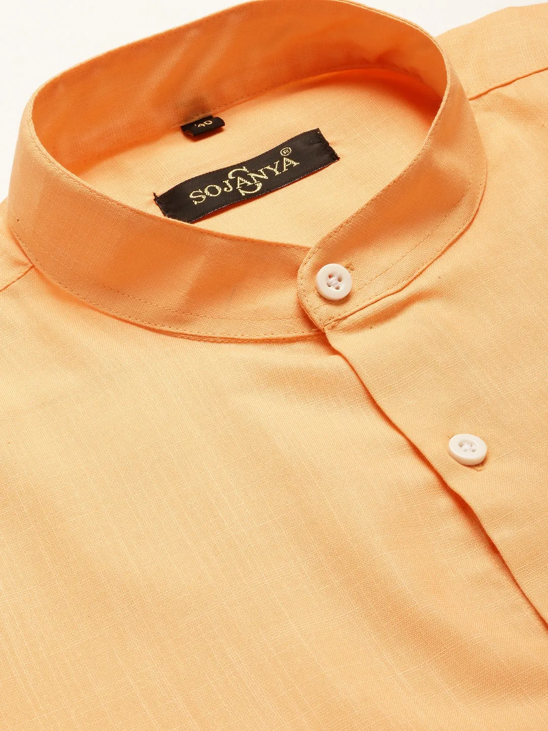 Mens Cotton Linen Orange Chinese Collar Shirt - Sojanya