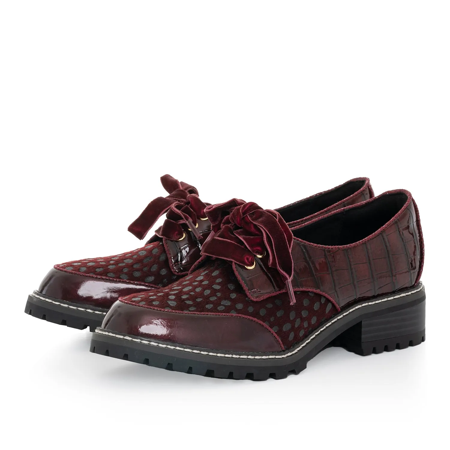 Paloma Burgundy Lace Up Chunky Flat Shoes by Ruby Shoo