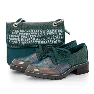Paloma Emerald Lace Up Chunky Flat Shoes & Matching Toledo Bag by Ruby Shoo