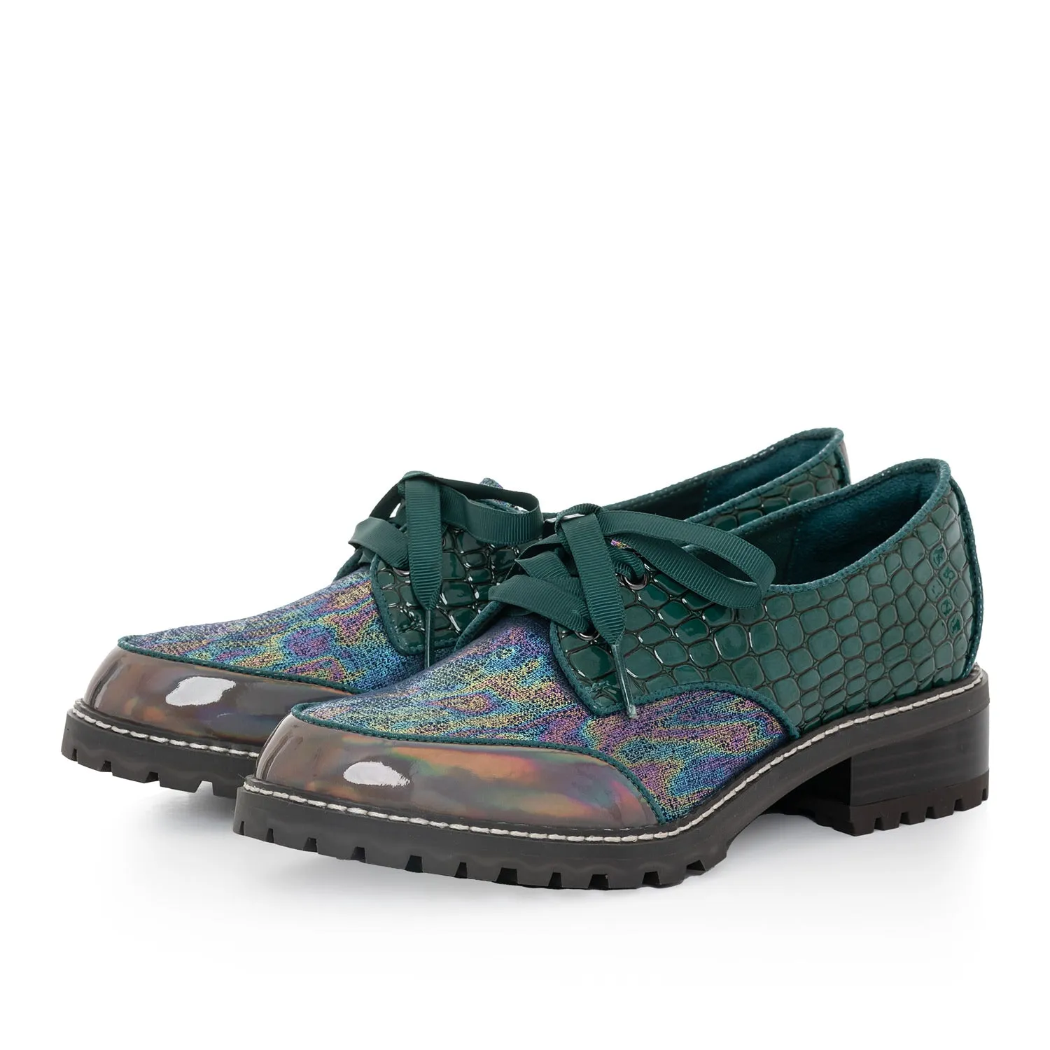 Paloma Emerald Lace Up Chunky Flat Shoes by Ruby Shoo