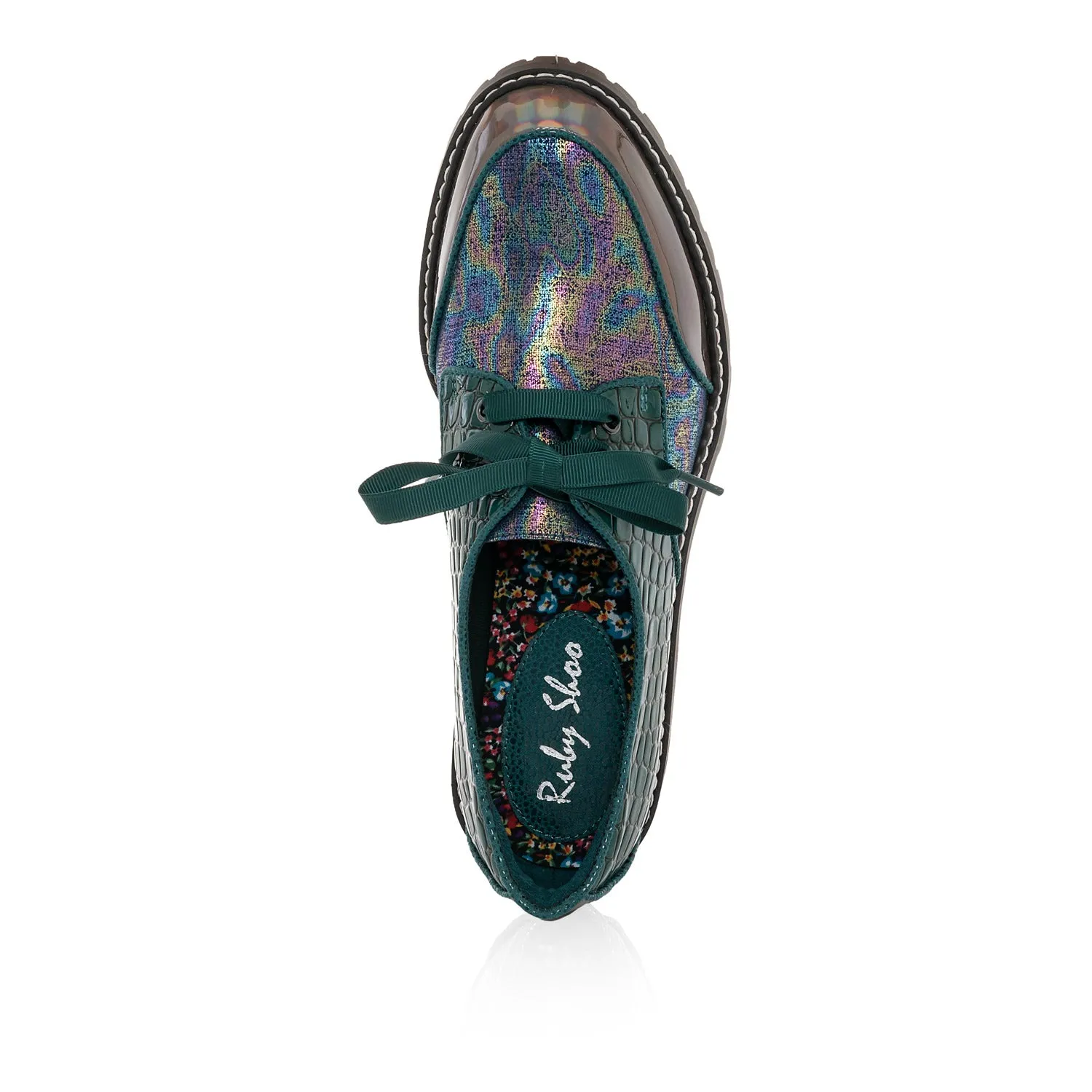Paloma Emerald Lace Up Chunky Flat Shoes by Ruby Shoo