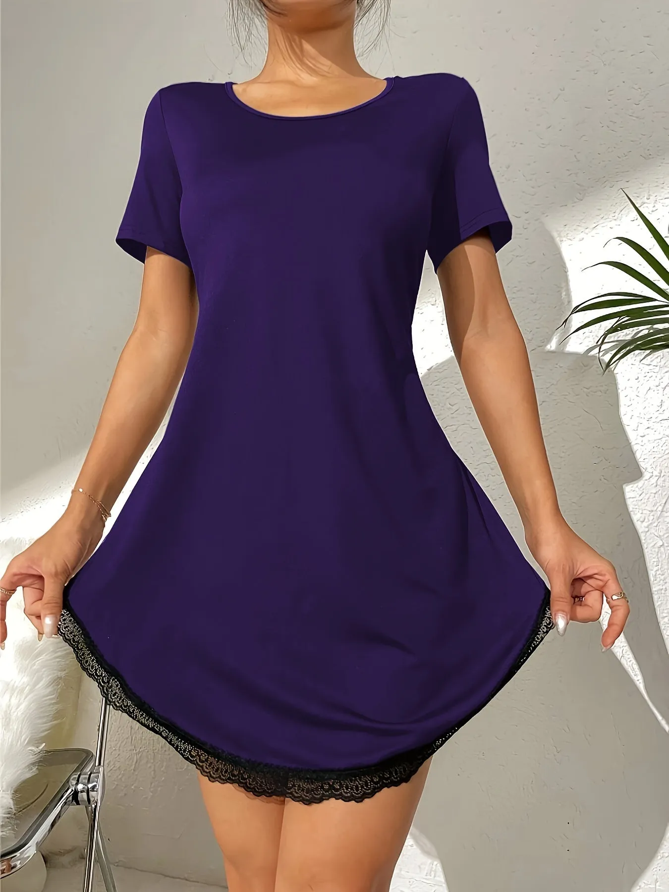 Romantic Heart Embroidered Lace Nightgown - Seductive See-through, Short Sleeve, Round Neck - Soft Womens Sleepwear with Flirty Curve Hem