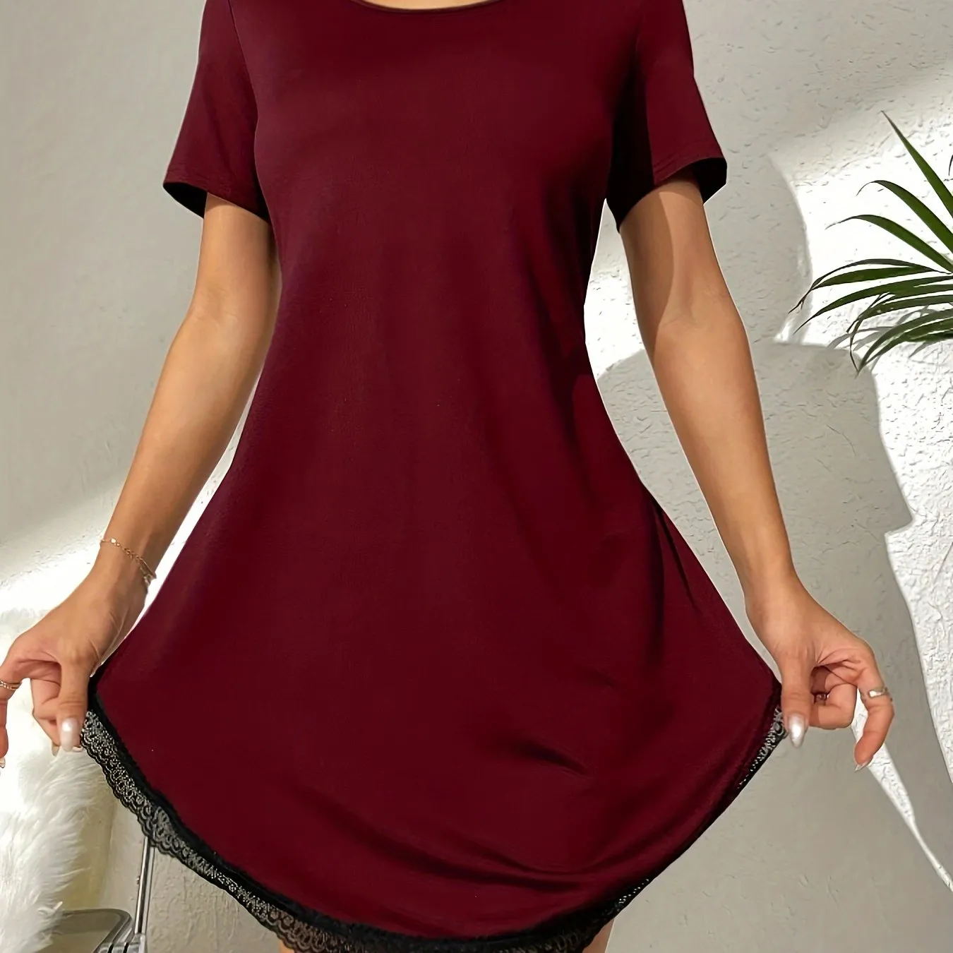Romantic Heart Embroidered Lace Nightgown - Seductive See-through, Short Sleeve, Round Neck - Soft Womens Sleepwear with Flirty Curve Hem