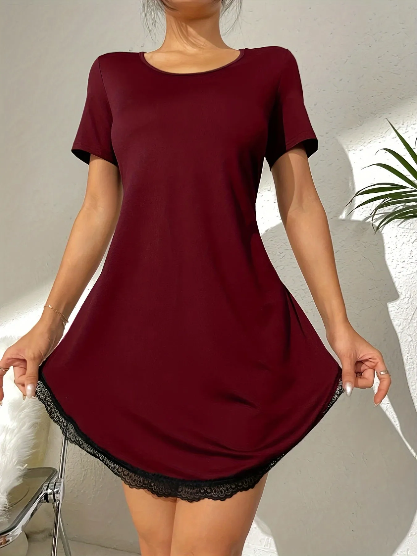 Romantic Heart Embroidered Lace Nightgown - Seductive See-through, Short Sleeve, Round Neck - Soft Womens Sleepwear with Flirty Curve Hem