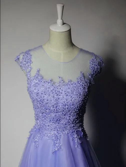 Solvbao Cute Purple Tulle A-line Bridesmaid Dress, Lace Applique Prom Dress